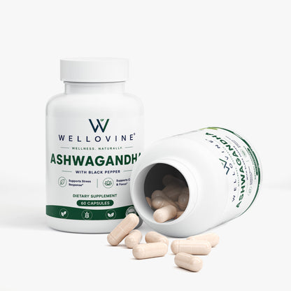 Wellovine® Ashwagandha with Black Pepper – Organic Stress Support & Calm | 60 Vegan Capsules