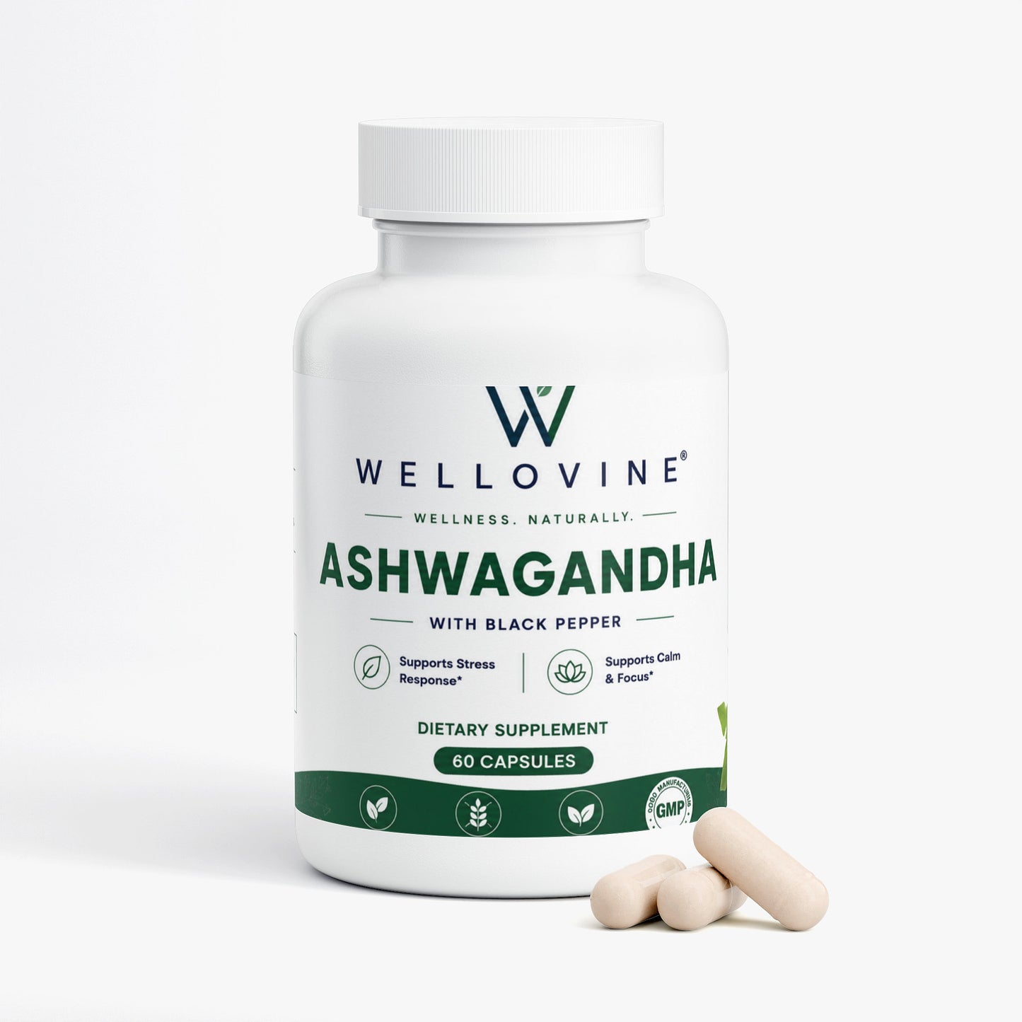 Wellovine® Ashwagandha with Black Pepper – Organic Stress Support & Calm | 60 Vegan Capsules